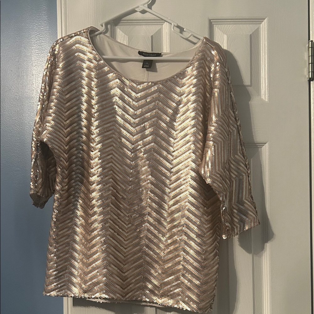 White House Black Market Gold & Silver Sequin Chevron Blouse